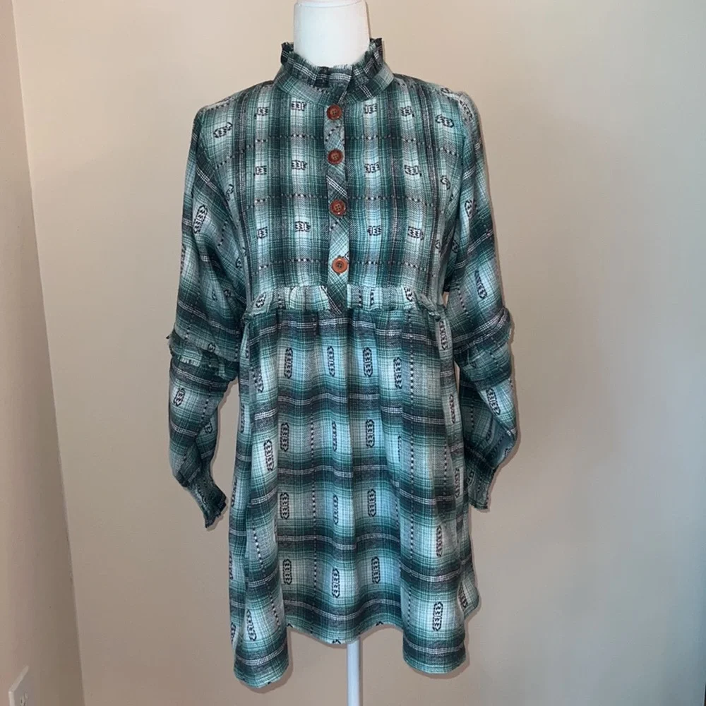 Free People Redwood Flannel Mini Dress Green - Picture 5 of 16